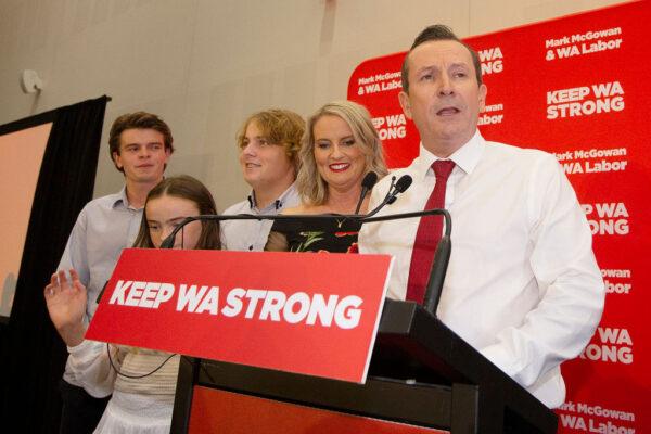 After a landslide victory, re-elected Premier of WA Mark McGowan makes a speech with his family by his side at the Gary Holland Community Centre in Rockingham, Australia on Mar. 13, 2021. (Will Russell/Getty Images)