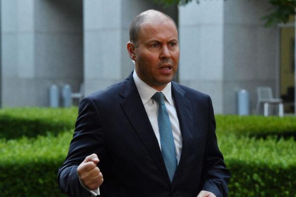 Treasurer Josh Frydenberg during a televised live cross at Parliament House on March 16, 2021, in Canberra, Australia. (Sam Mooy/Getty Images)