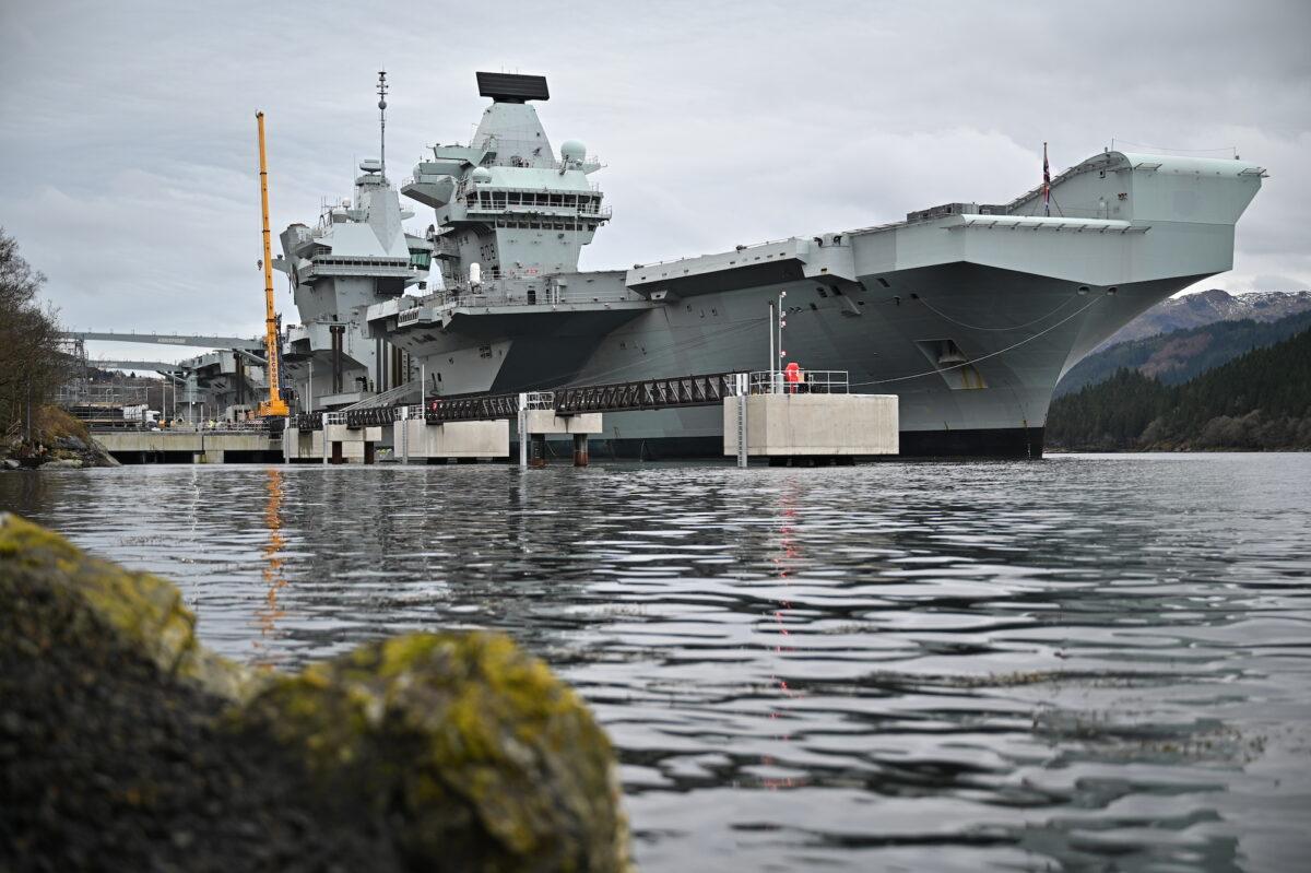 HMS Queen Elizabeth berthed on Loch Long on March 15, 2021, in Glenmallen, Scotland. (Jeff J Mitchell/Getty Images)