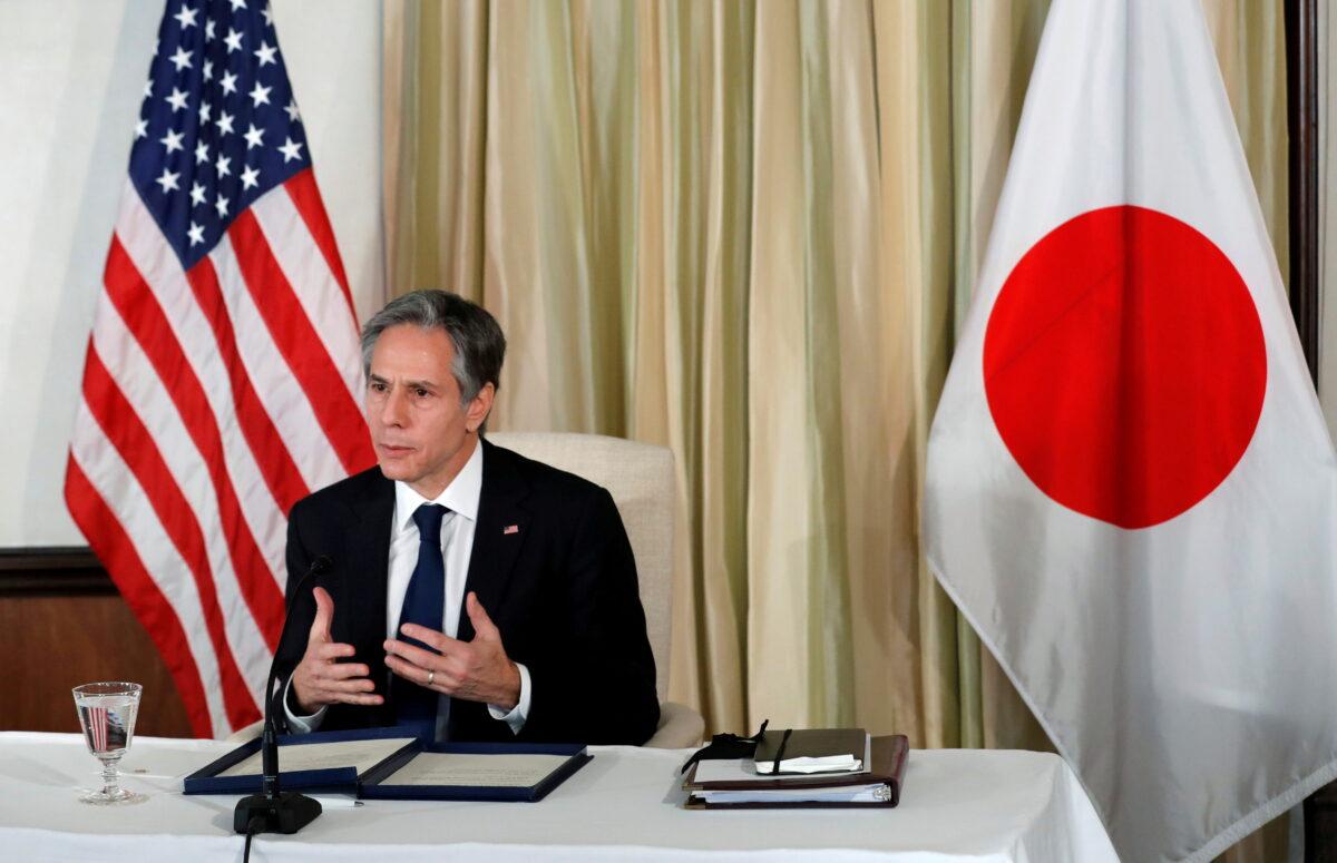 Secretary of State Antony Blinken attends a virtual business roundtable at the U.S. Ambassador's residence in Tokyo, Japan, on March 16, 2021. (Kim Kyung-Hoon/Pool/Reuters)