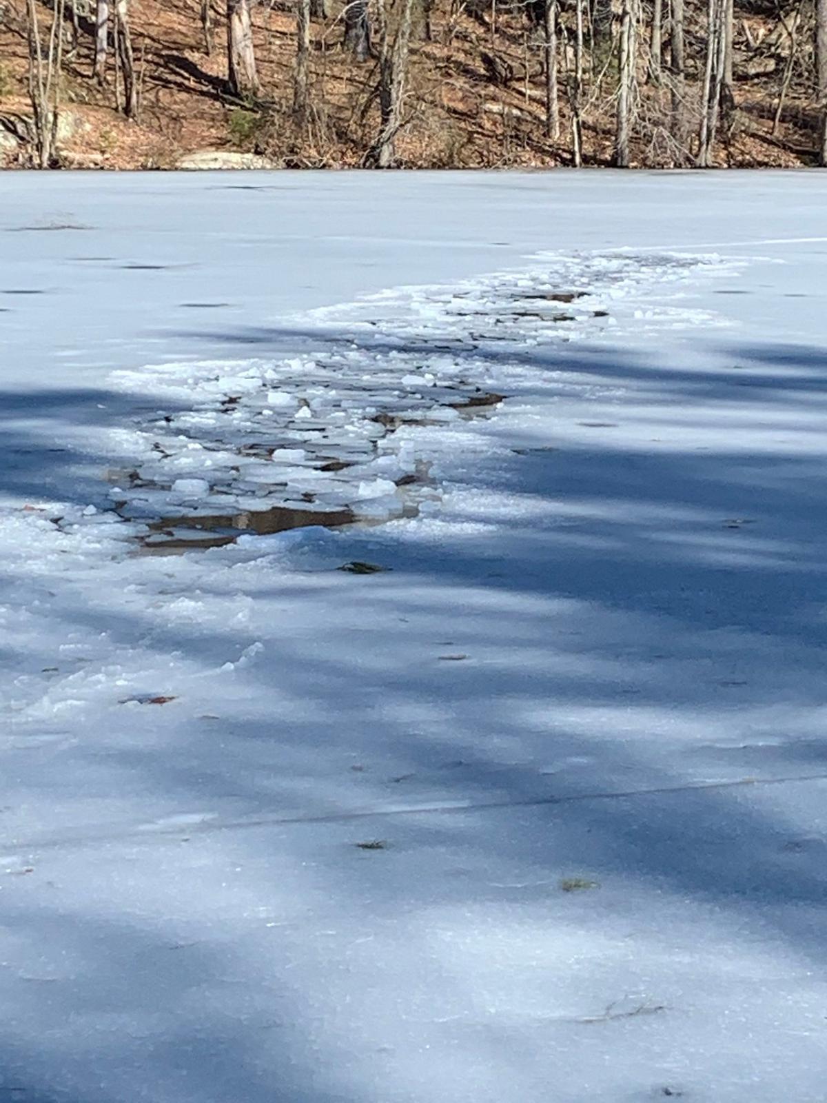 The man was able to crawl toward the shore so that Thomas Walsh and another passerby could use a branch to help pull him to shore. (Courtesy of <a href="https://stonehamfire.com/2021/03/10/stoneham-fire-department-responds-after-man-falls-through-ice-at-quarter-mile-pond/">Stoneham Fire Department</a>)