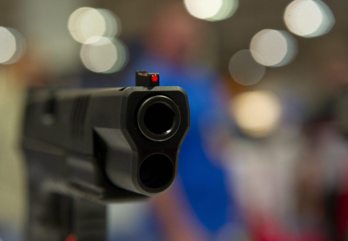 A semi-automatic handgun is displayed at the 2015 NRA Annual Convention in Nashville, Tenn., on April 10, 2015. (Karen Bleier/AFP via Getty Images)