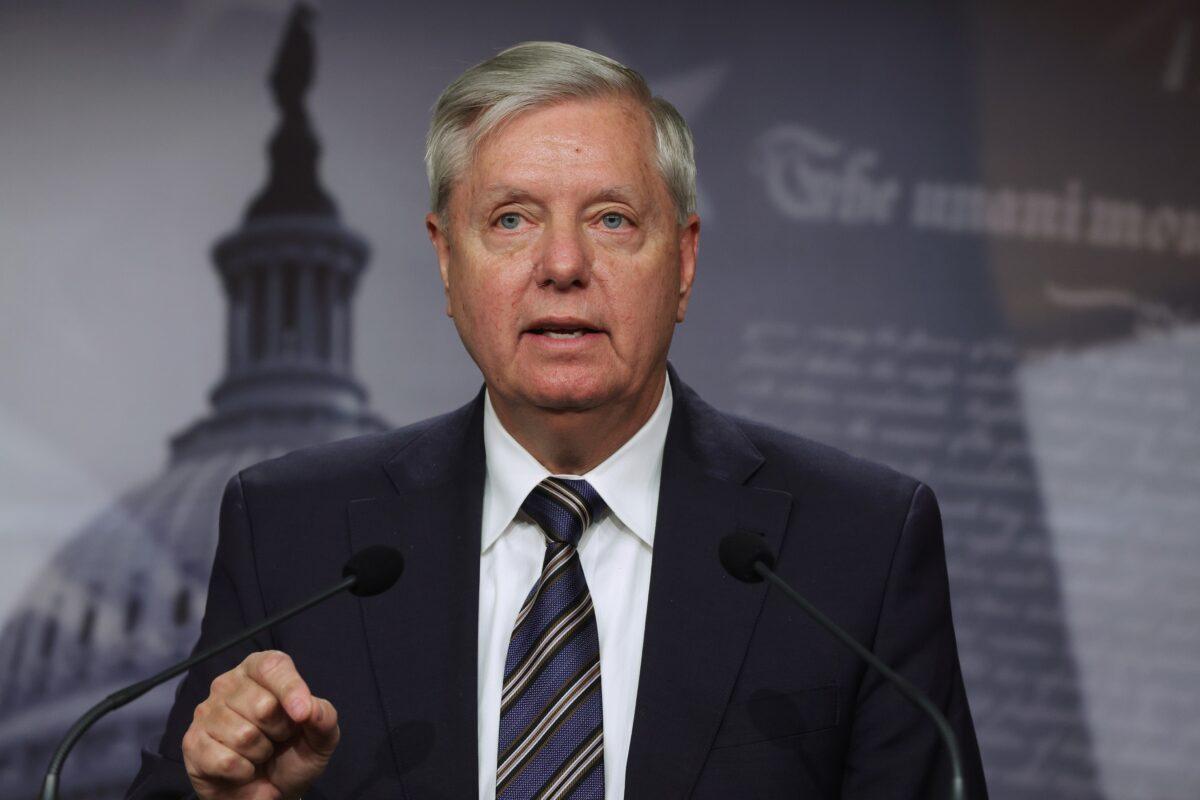 Sen. Lindsey Graham (R-S.C.) speaks to reporters on Capitol Hill in Washington on March 5, 2021. (Alex Wong/Getty Images)