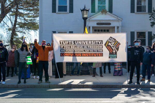 A human rights group urges Tufts University to close its Confucius Institute in Somerville, Mass., on March 13, 2021. (Learner Liu/The Epoch Times)