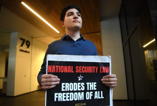 University of Queensland (UQ) student and activist Drew Pavlou participated in a protest in support of Hong Kong outside the Chinese consulate on May 30, 2020, in Brisbane, Australia. (AAP Image/Dan Peled)