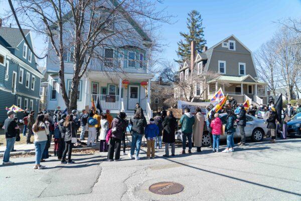 Human rights groups protest in front of the Confucius Institute, demanding Tufts University to close the program in Somerville, Massachusetts on March 13, 2021. (Learner Liu/The Epoch Times)