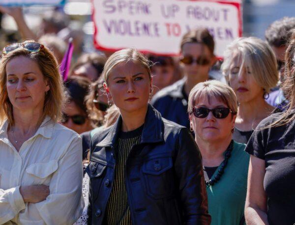 Australian of the Year Grace Tame (centre) during the Women’s March 4 Justice in Hobart on March 15, 2021. (AAP Image/Rob Blakers)