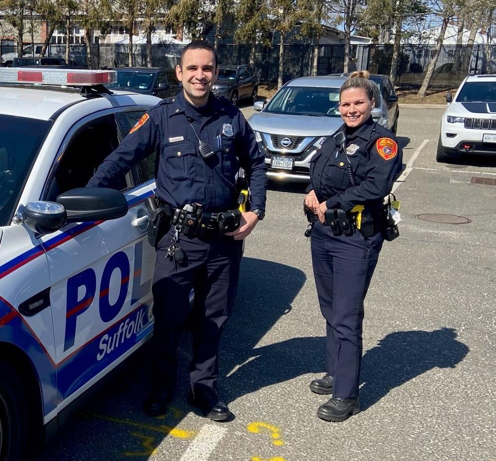 Suffolk County police officers Daniel Rosado (L) and Danielle Congedo. (Courtesy of <a href="https://www.facebook.com/SuffolkPD/">Suffolk County Police Department</a>)