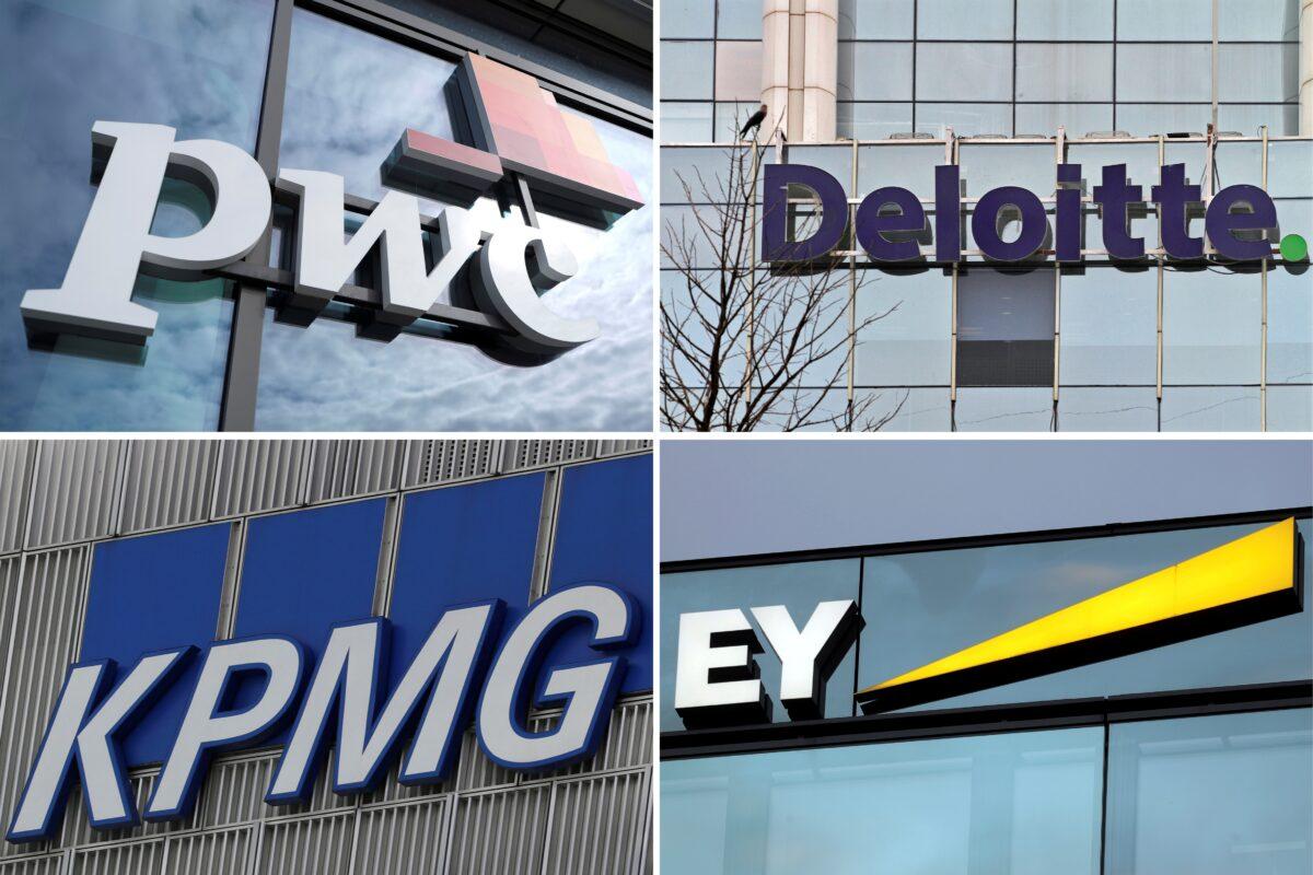 A combination of file pictures shows logos of PricewaterhouseCoopers, Deloitte, KPMG, and Ernst & Young. (Reuters)