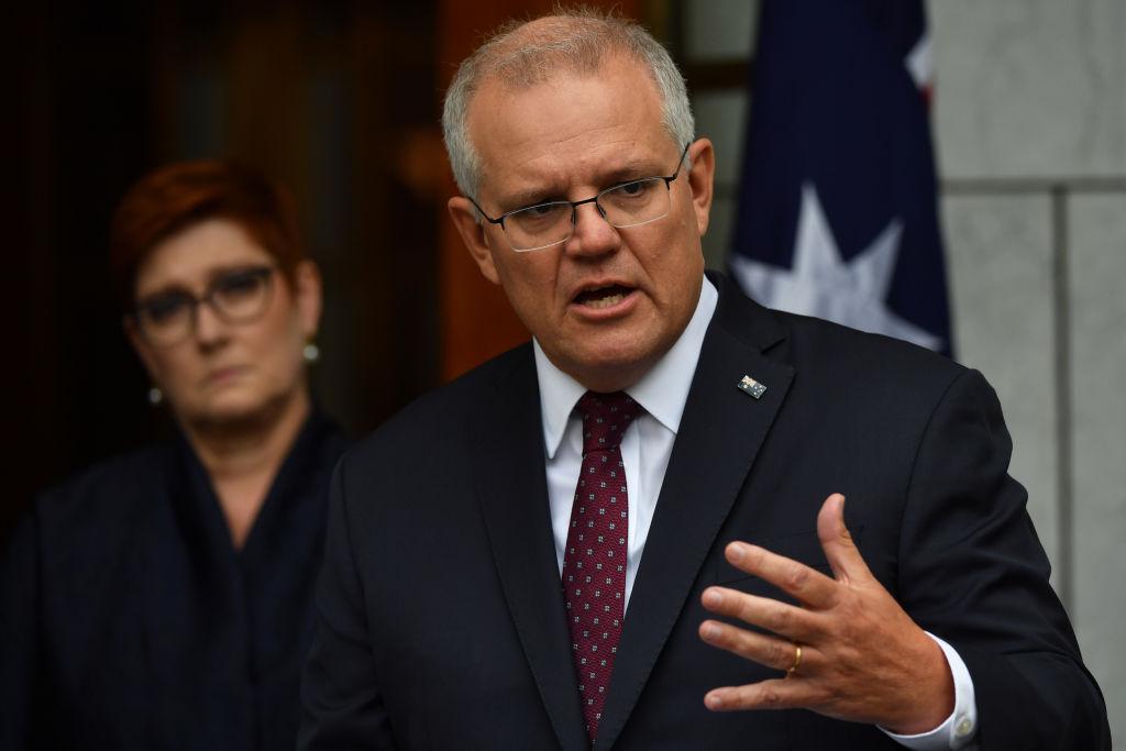 Prime Minister Scott Morrison during a press conference in the Prime Ministers Courtyard at Parliament House on March 17, 2021, in Canberra, Australia. (Sam Mooy/Getty Images)