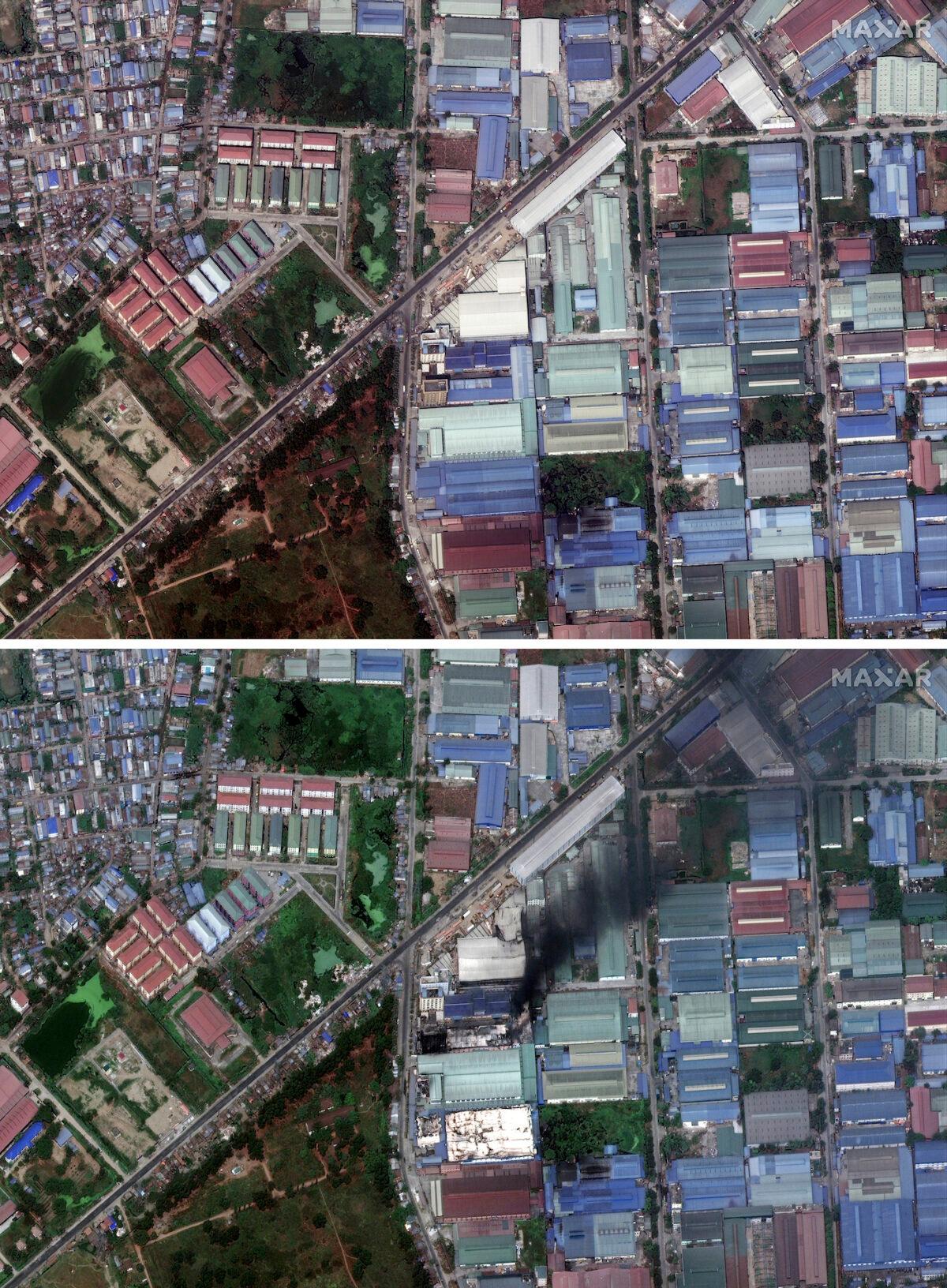 This combination image of March 9, 2021, top, and March 15, 2021, satellite images provided Maxar Technologies shows Global Fashion Garment Factory, a Chinese-owned supplier to the fashion retailer C&A, in Yangon, Burma. (©2021 Maxar Technologies via AP)