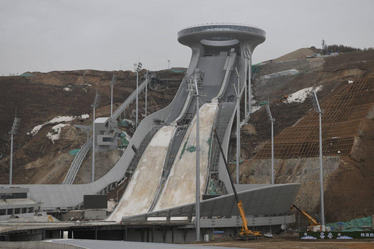 A ski jumping venue for the 2022 Beijing Winter Olympic Games is seen under construction in Zhangjiakou, China, on March 17, 2021. (Greg Baker/AFP via Getty Images)