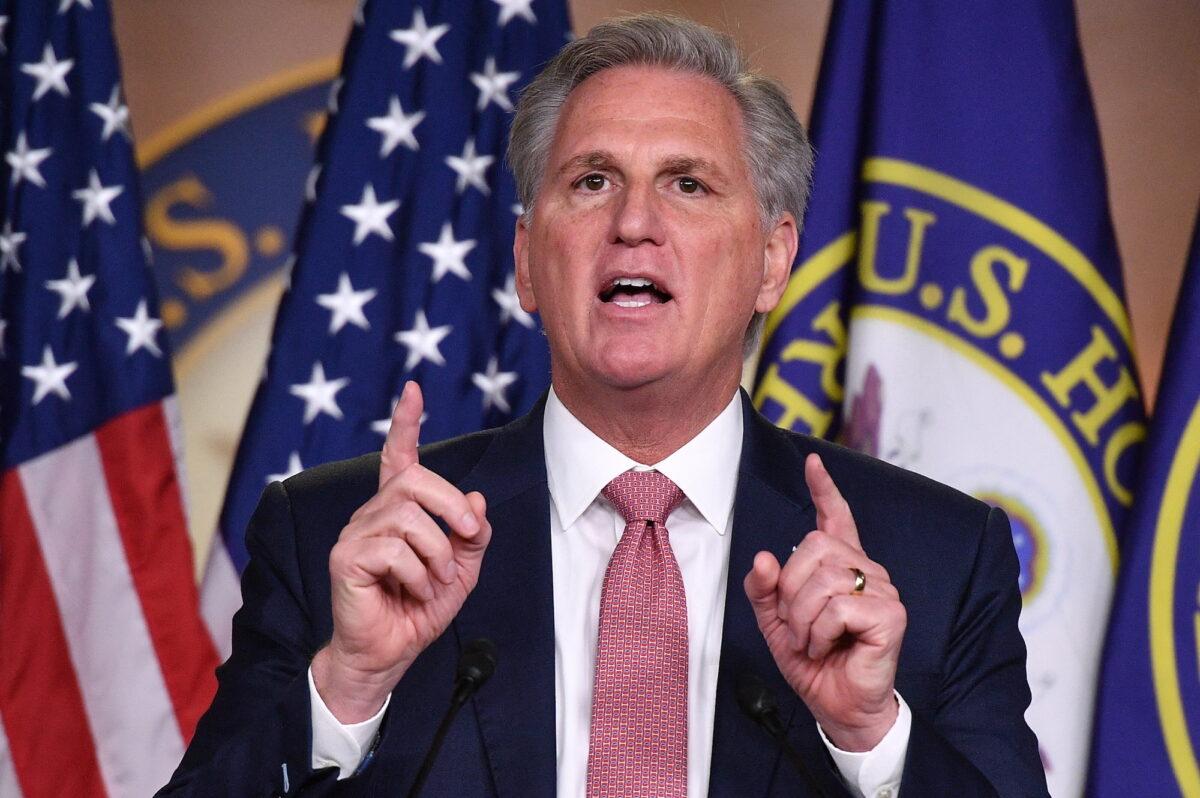 House Minority Leader Kevin McCarthy (R-Calif.) speaks during his weekly press briefing on Capitol Hill in Washington on March 18, 2021. (Mandel Ngan/AFP via Getty Images)