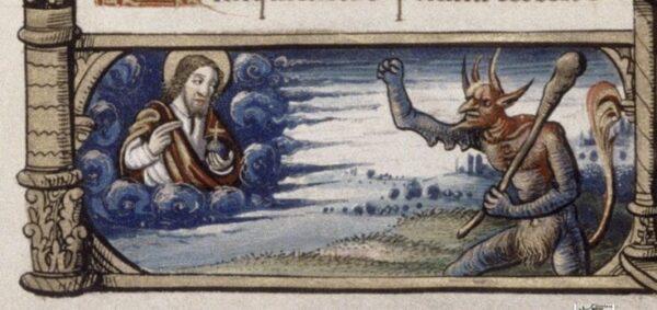 God and Satan discussing Job, in a 16th-century French manuscript. (Public Domain)