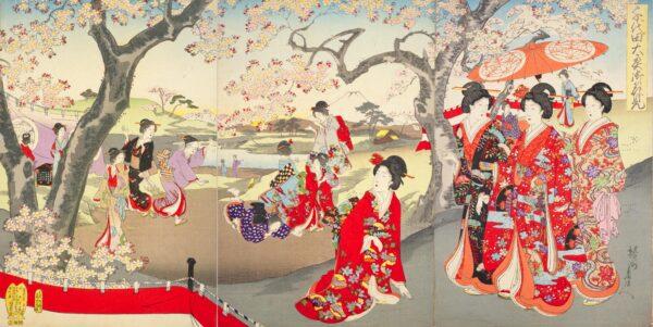 "Chiyoda Great Interior Flower Viewing," 1894, by Toyohara Chikanobu. This painting depicts a “hanami,” the revered Japanese tradition of admiring cherry blossoms. (Public Domain)