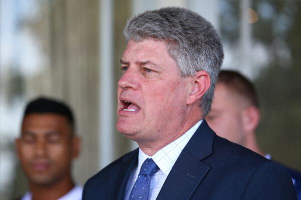 Queensland minister Stirling Hinchliffe speaks on February 08, 2021 in Brisbane, Australia. (Jono Searle/Getty Images)