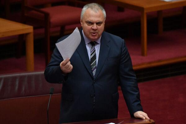 Senator Stirling Griff during debate to Fair Work Amendment Bill 2021 in the Senate at Parliament House in Canberra, Australia on March 18, 2021. (Sam Mooy/Getty Images)