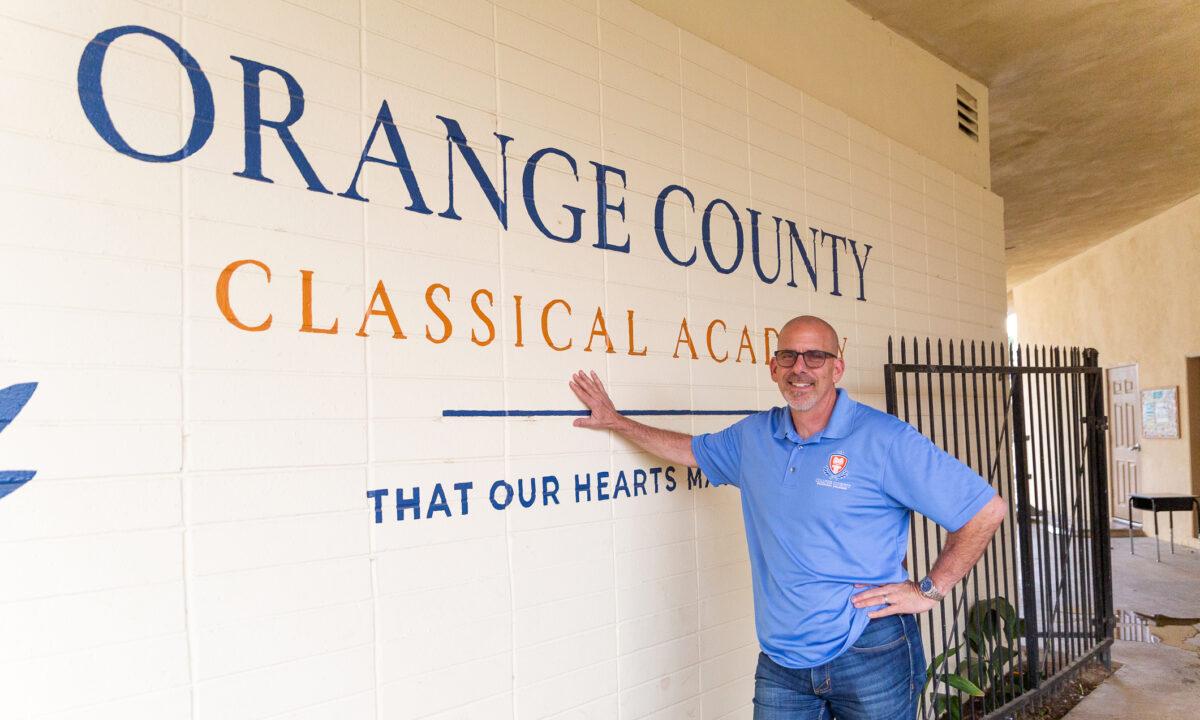 Charter school co-founder Dr. Jeff Barke stands in front of the Orange County Classical Academy in Orange, Calif., on March 10, 2021. (John Fredricks/The Epoch Times)