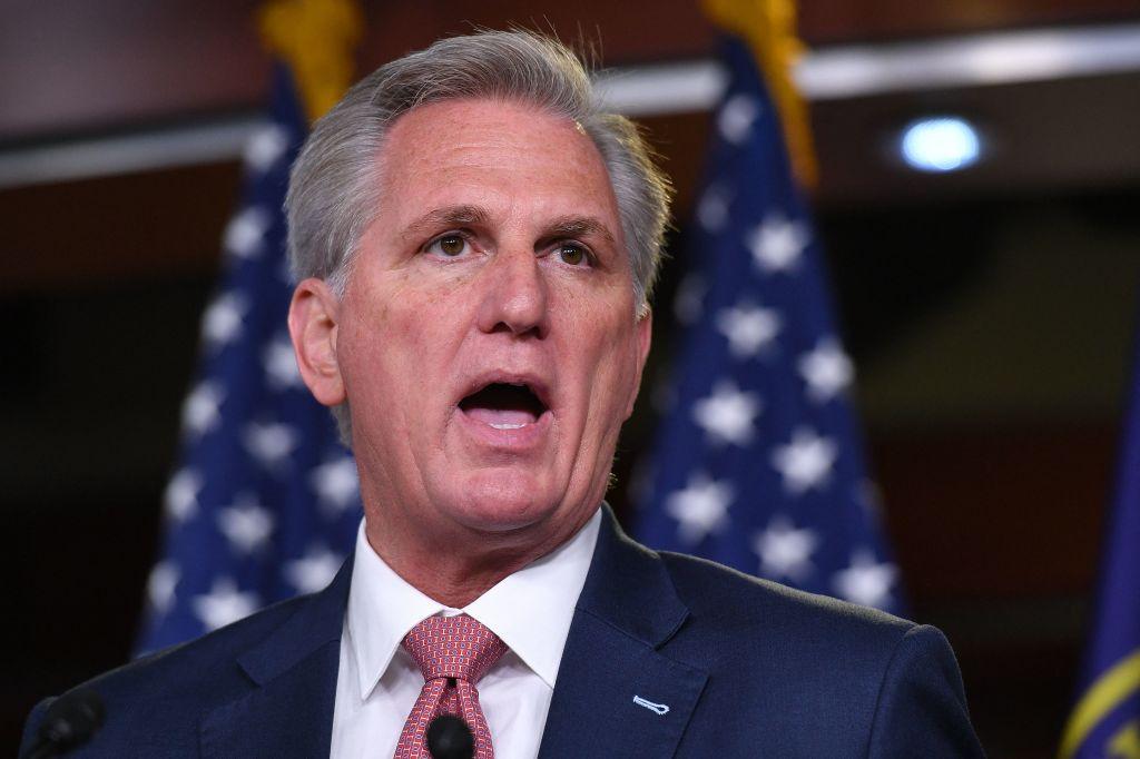 House Minority Leader, Kevin McCarthy (R-Calif.) speaks during his weekly press briefing on Capitol Hill in Washington, on March 18, 2021. (Mandel Ngan/AFP via Getty Images)