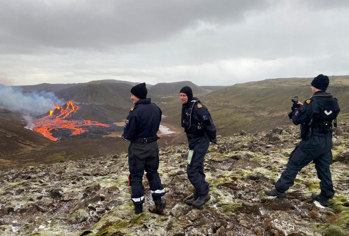A volcano on the Reykjanes Peninsula in southwestern Iceland on March 20, 2021.(Icelandic Coast Guard via AP)