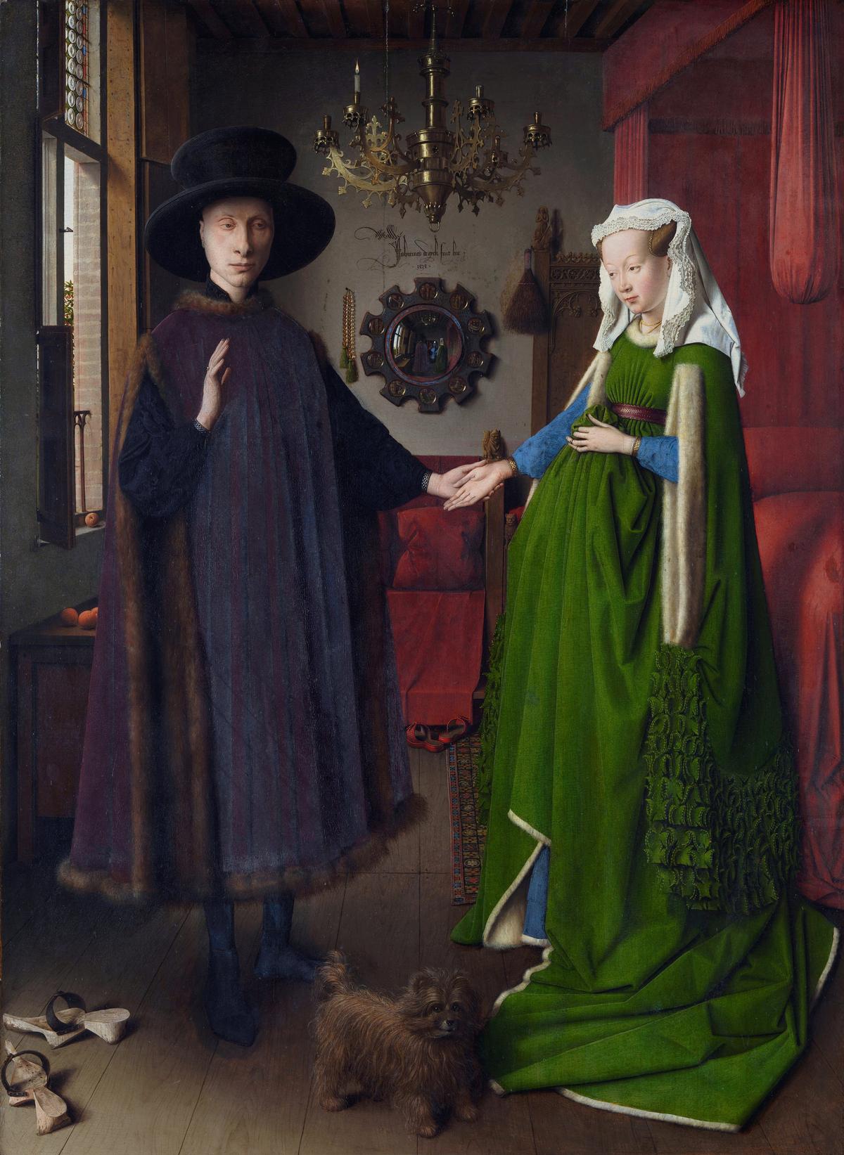 “The Arnolfini Portrait,” 1434, by Jan van Eyck. Oil on oak panel of 3 vertical boards, 32.4 inches by 23.6 inches. National Gallery, London. (Public Domain)