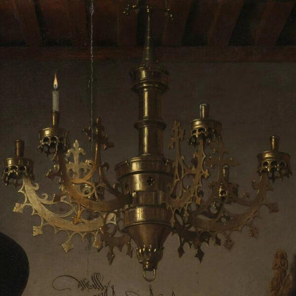 The chandelier has one lit and one spent candle. A detail from “The Arnolfini Portrait,” 1434, by Jan van Eyck. National Gallery, London. (Public Domain)