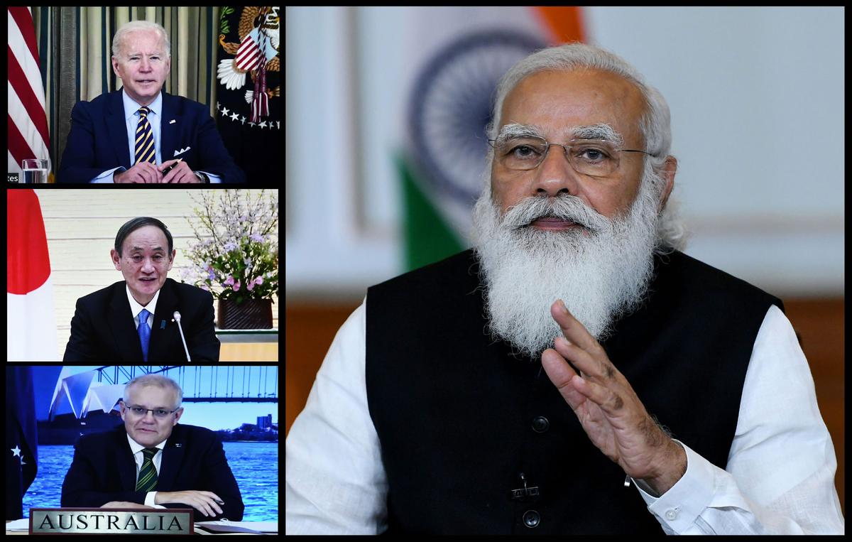 Indian Prime Minister Narendra Modi along with the heads of state of other Quad nations, addressing the first Quadrilateral Leaders Virtual Summit through video conferencing, in New Delhi on March 12, 2021. (Picture courtesy Press Bureau of India)