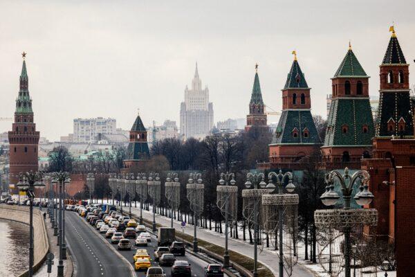 The Kremlin towers in front of the Russian Foreign Ministry headquarters on March 18, 2021. (Dimitar Dilkoff/AFP via Getty Images)