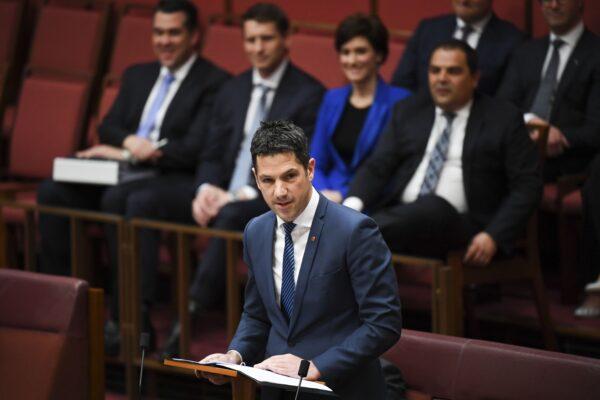 Liberal Senator for South Australia Alex Antic delivering his maiden speech in the Senate chamber at Parliament House in Canberra, Tuesday, Sept. 17, 2019. (AAP Image/Lukas Coch)