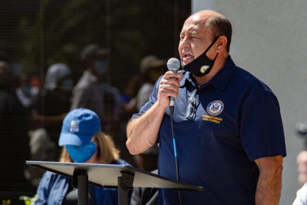 Congressmember Lou Correa (D-Calif.) speaks at a rally against the military coup in Burma, in Stanton, Calif., on March 20, 2021. (John Fredricks/The Epoch Times)