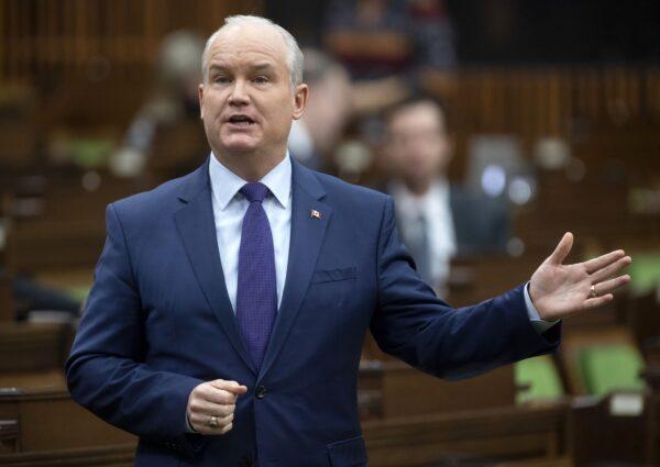 Conservative Party Leader Erin O'Toole rises during question period in the House of Commons on March 10, 2021. (The Canadian Press/Adrian Wyld)