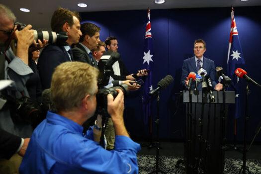 Attorney-General Christian Porter speaks to the media to address sexual allegations in Perth, Australia on March 3, 2021. (Paul Kane/Getty Images)
