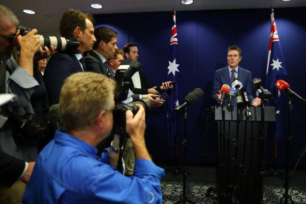  Attorney-General Christian Porter speaks during a media conference in Perth, Australia, on March 3, 2021. (Paul Kane/Getty Images)