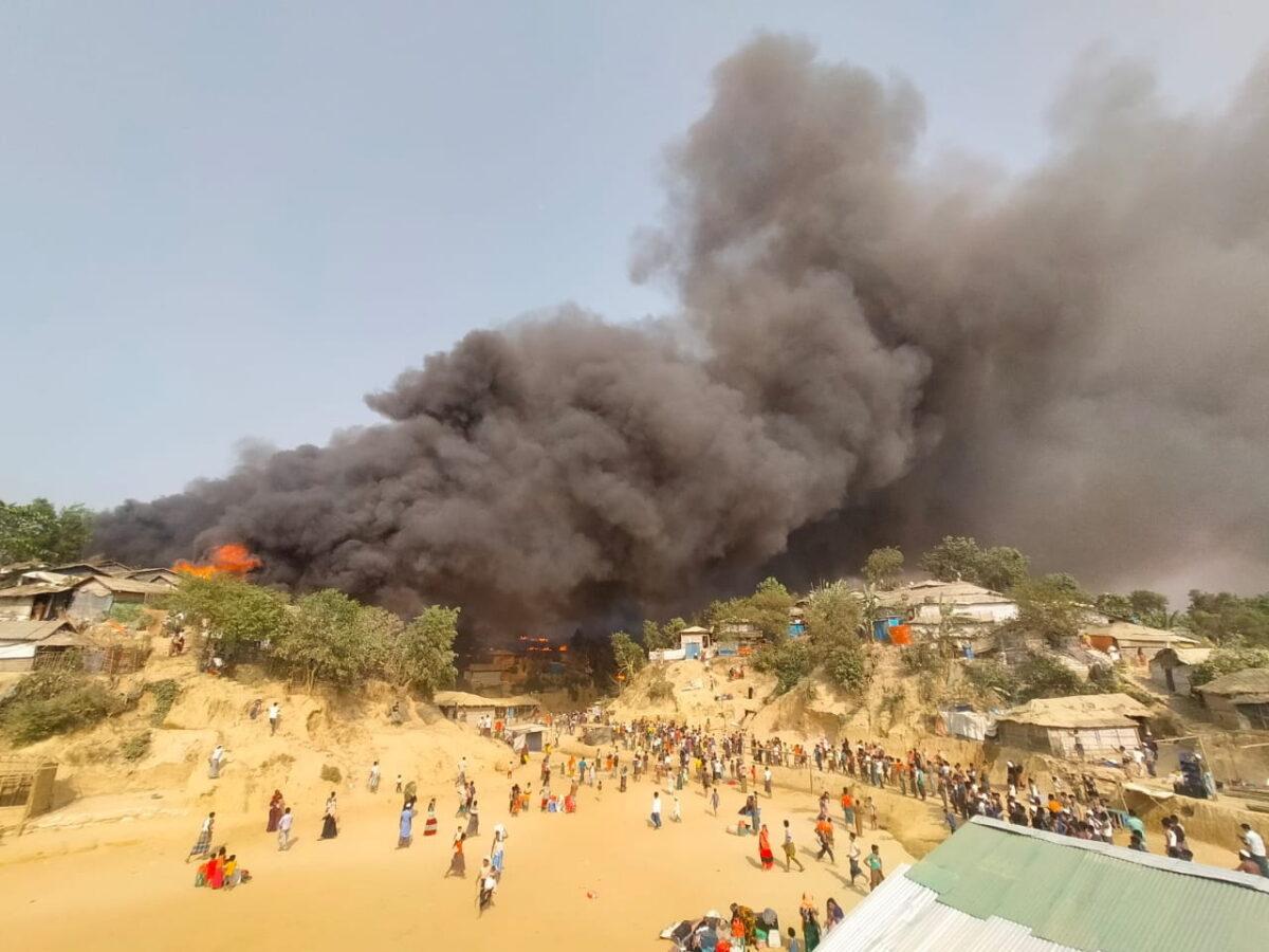 A fire is seen at a Balukhali refugee camp in Cox's Bazar, in this picture obtained from social media, Bangladesh, on March 22, 2021. (Rohingya Right Team/Md Arakani/via Reuters)