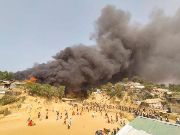 A fire is seen at a Balukhali refugee camp in Cox's Bazar, Bangladesh March 22, 2021 in this picture obtained from social media. (Rohingya Right Team/Md Arakani/via REUTERS)