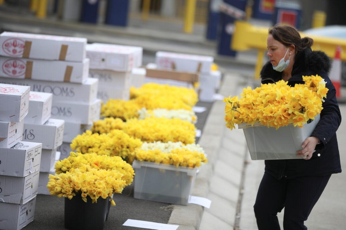 Rebecca Barrett, head of strategy and communications of Covent Garden Market Authority, carries flowers during the day of reflection to mark the anniversary of Britain's first coronavirus disease (COVID-19) lockdown, at the New Coven Garden Flower Market in London, Britain, on March 23, 2021. (Tom Nicholson/Reuters)