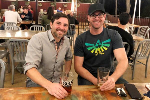 Braver Angels California Director Randy Lioz (L) of Irvine, Calif., gets together with his Facebook penpal and political opposite, Lucas Chesser, for a beer. (Courtesy of Braver Angels)