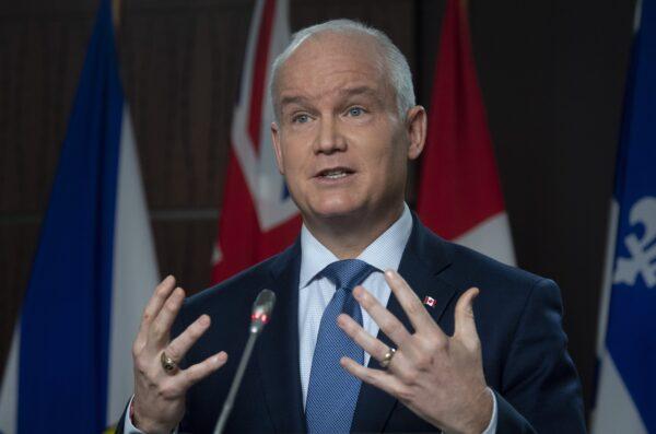 Leader of the Opposition Erin O'Toole responds to a question during a news conference on Parliament Hill in Ottawa on March 23, 2021. (Adrian Wyld/The Canadian Press)