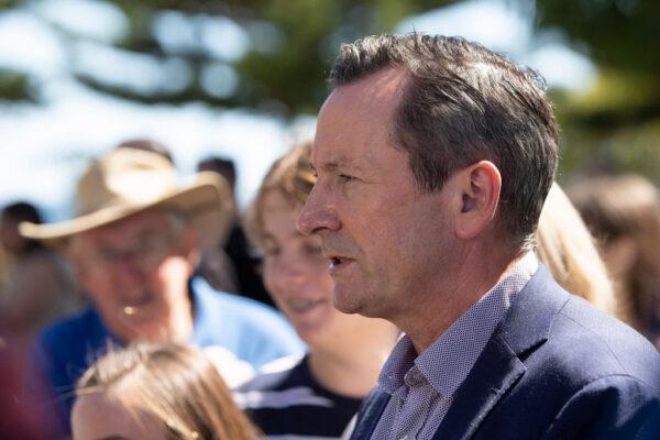 Premier Mark McGowan speaks to the media at the foreshore in Rockingham on March 14, 2021, in Perth, Australia. (Photo by Will Russell/Getty Images)