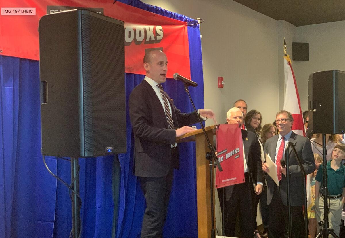 Stephen Miller, senior adviser to former President Donald Trump, speaks in support of the U.S. Senate candidacy of Rep. Mo Brooks (R-Ala.) in Huntsville, Ala., on March 22, 2021. (Ivan Pentchoukov/Epoch Times)