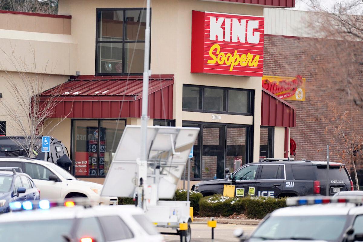 Police outside a King Soopers grocery store where a shooting took place in Boulder, Colo., on March 22, 2021. (David Zalubowski/AP Photo)