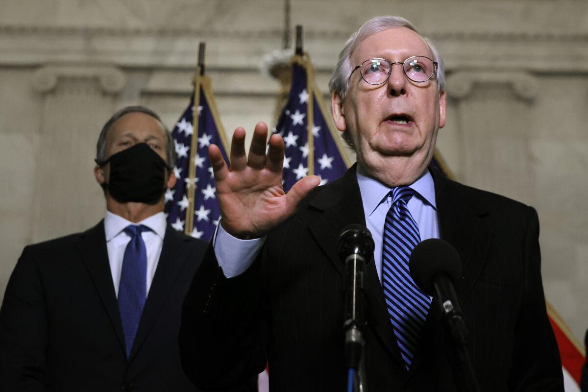 Senate Minority Leader Mitch McConnell (R-Ky.) talks to reporters following the weekly Senate Republican caucus luncheon in the Russell Senate Office Building on Capitol Hill in Washington on March 16, 2021. (Chip Somodevilla/Getty Images)