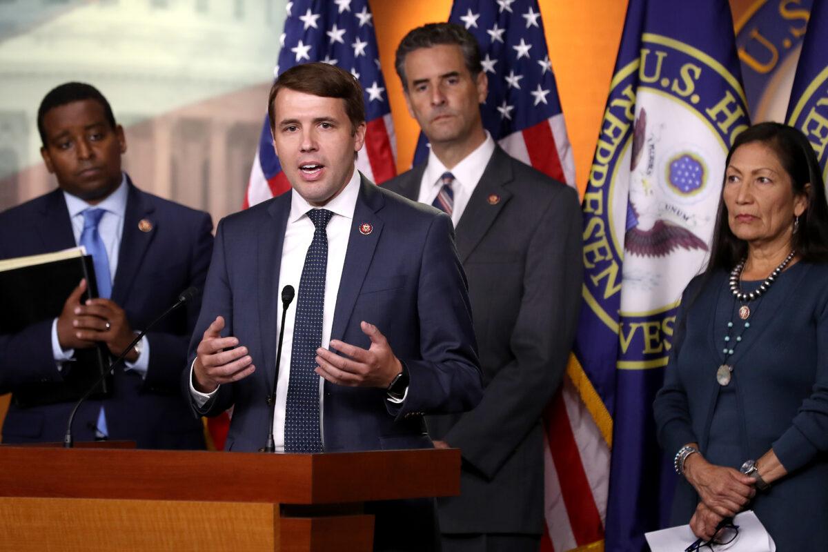 Rep. Chris Pappas (D-N.H.), second from left, speaks during a press conference in Washington on Sept. 27, 2019. He's running for re-election in New Hampshire's 1st Congressional District. (Chip Somodevilla/Getty Images)