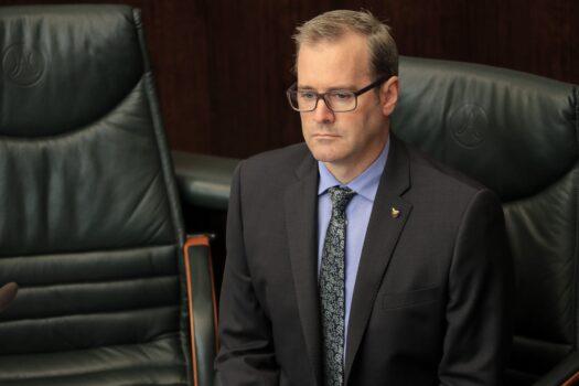 Tasmanian Liberal MP Michael Ferguson at a special sitting convened during Tasmania's COVID-19 crisis in Hobart, Thursday, April 30, 2020. (AAP Image/Rob Blakers)