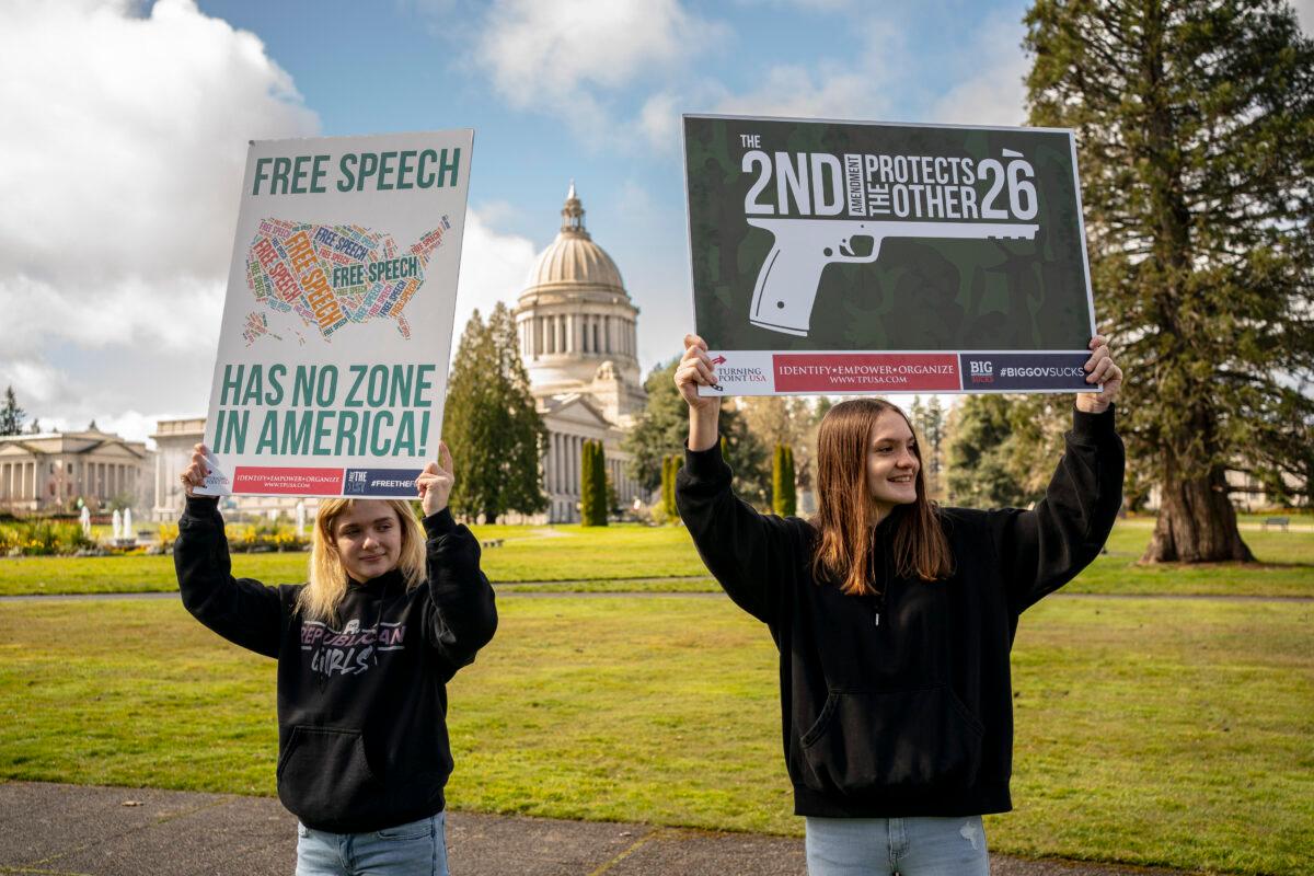 Demonstrators gather for a Second Amendment rally at the Washington State Capitol in Olympia on March 20, 2021. (David Ryder/Getty Images)