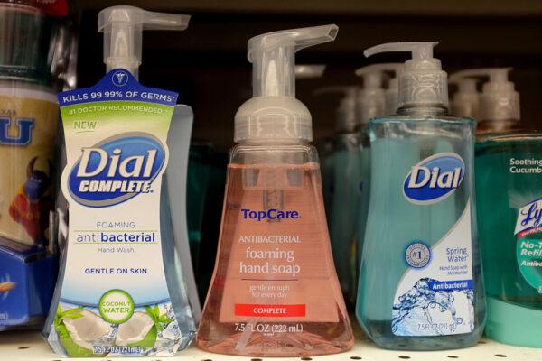 Bottles of antibacterial soap are seen on a grocery store shelf on December 17, 2013, in Miami, Florida. (Joe Raedle/Getty Images)