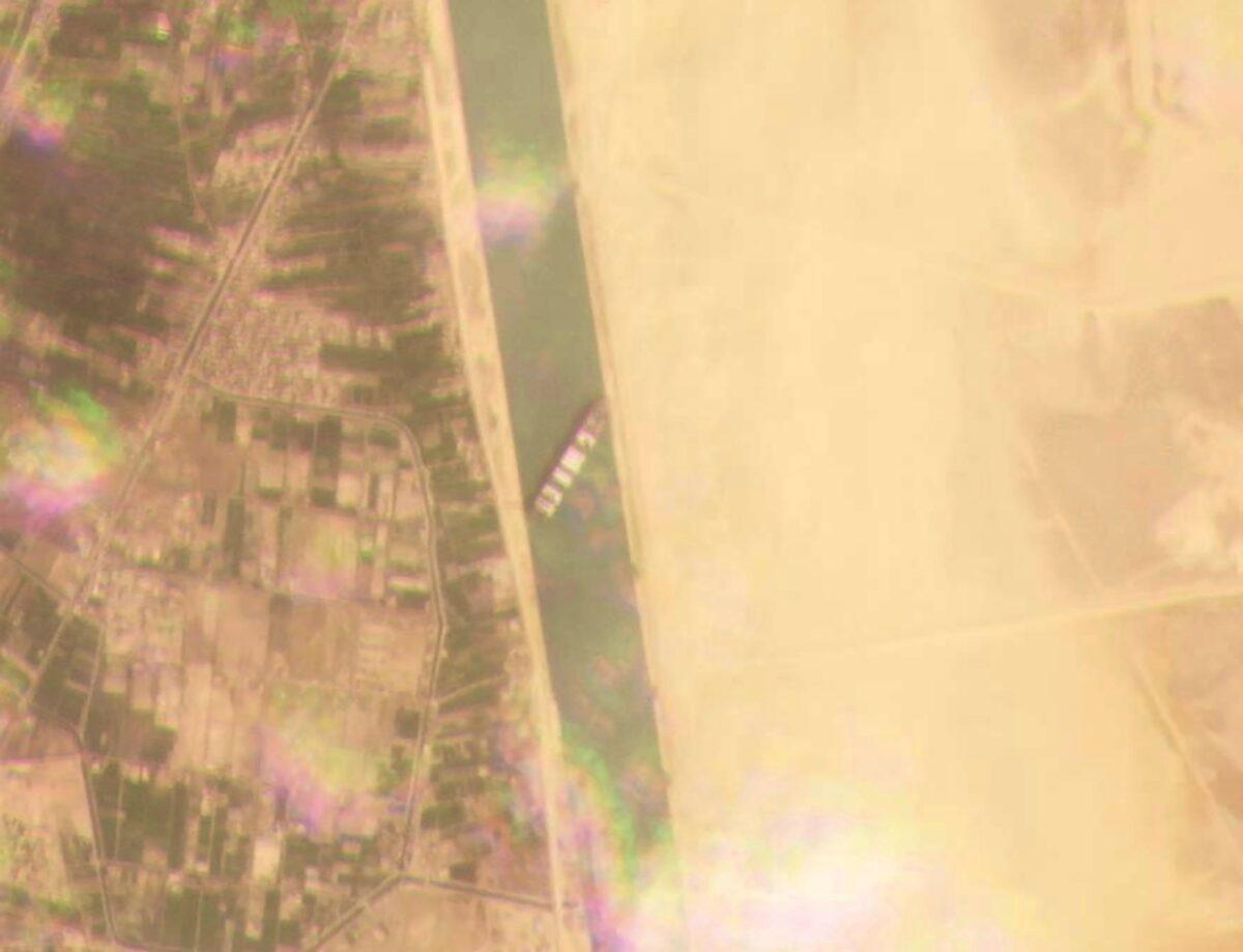This satellite image shows the cargo ship MV Ever Given stuck in the Suez Canal near Suez, Egypt, on March 23, 2021. (Planet Labs Inc. via AP)
