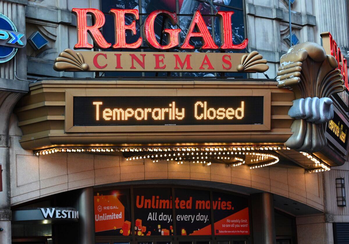 Regal Cinemas on 42nd Street is temporarily closed due to COVID-19, in New York City on March 5, 2021. (Evan Agostini/Invision/AP)