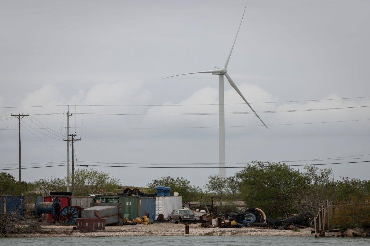 A wind turbine beyond the Corpus Christi Ship Channel in Corpus Christi, Texas, on March 11, 2019. (Loren Ellitoo/AFP via Getty Images)