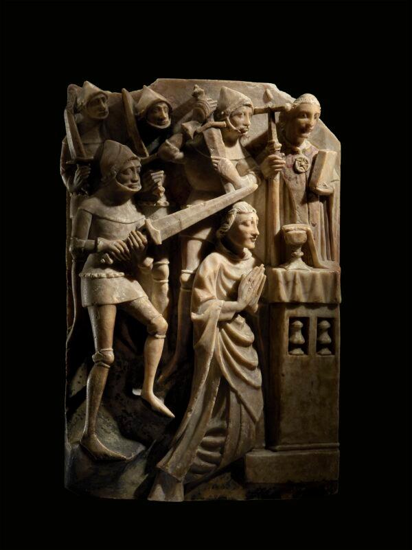 Thomas Becket’s murder is depicted on an alabaster altarpiece panel, around 1425–50, in England. The sculpture would probably have been part of a sequence of similar sculptures showing scenes from Thomas Becket’s life and death. (The Trustees of The British Museum).